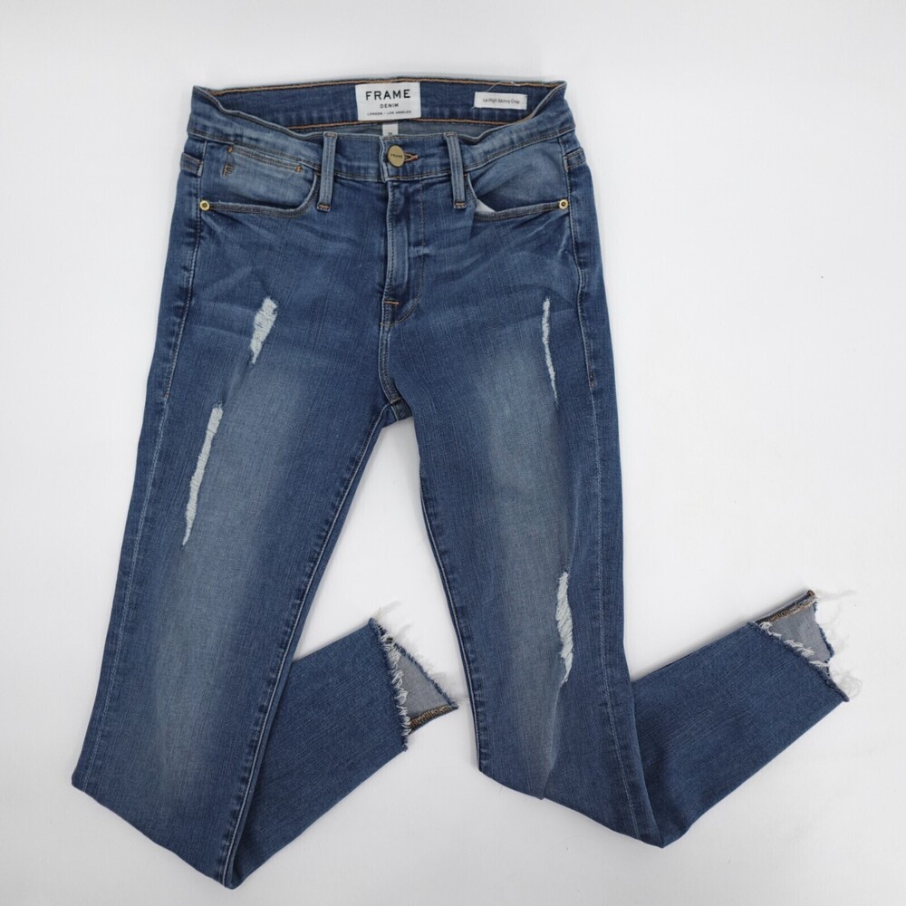 Frame Jeans Womens 25 Blue Denim Le High Skinny Crop Cropped Raw Hem Distressed